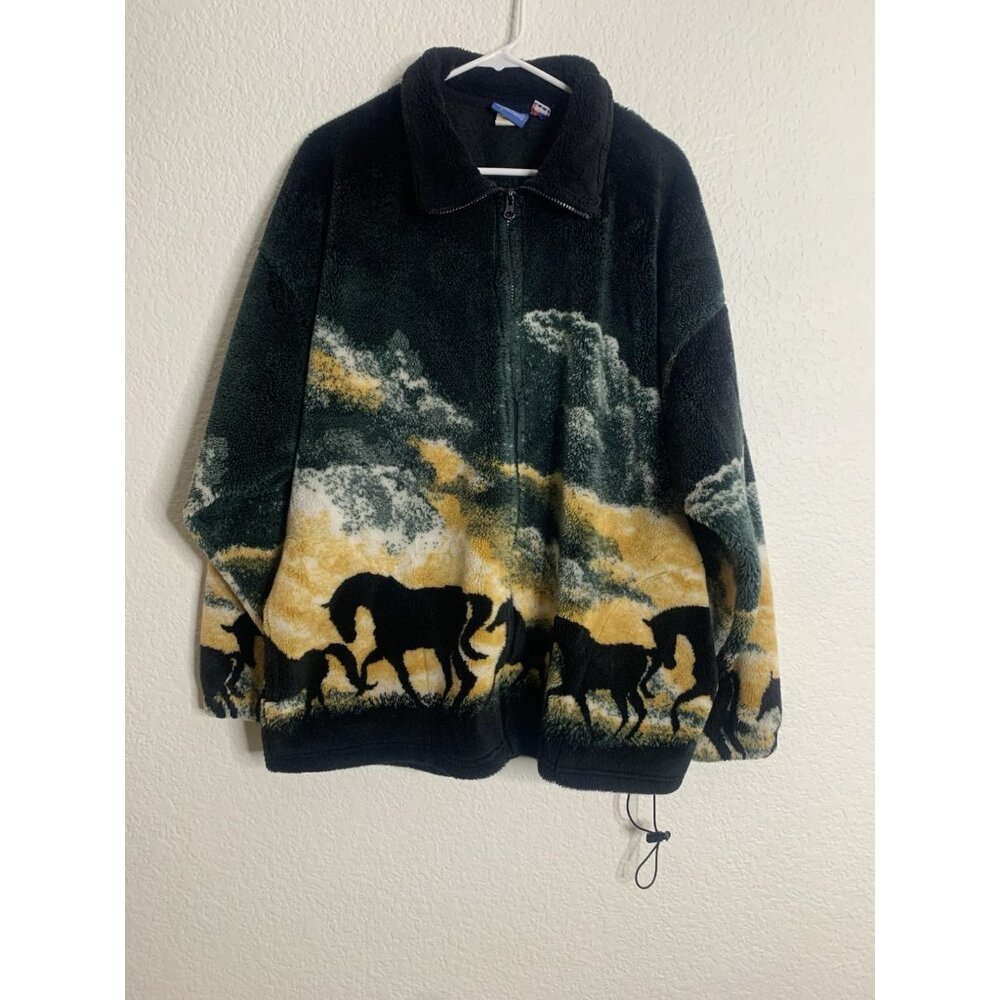 Natural Reflections Fleece Sherpa Jacket Horses XL Vtg Green Yellow Black Zip